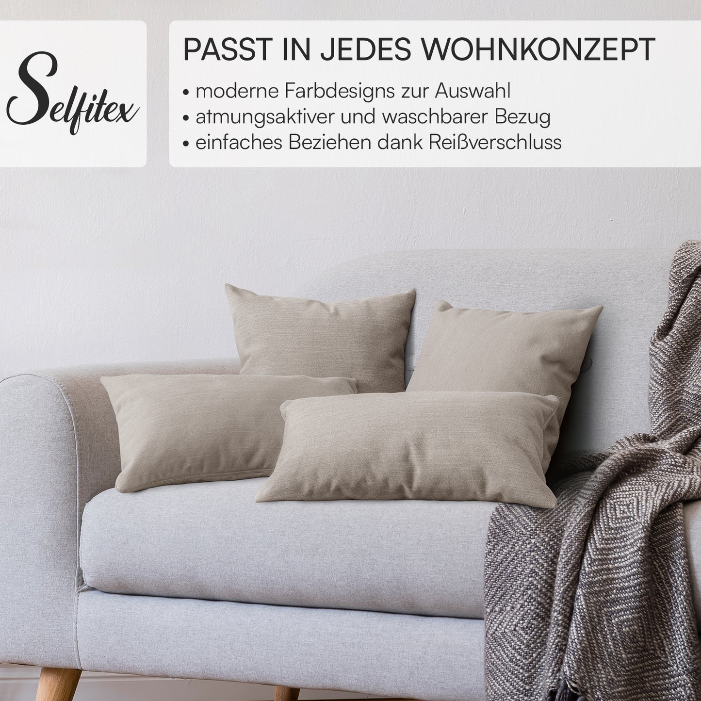 4er Set Sofakissen, 40 x 40 cm und 30 x 50 cm, Polsterstoff mit Pastelltönen inkl. Füllkissen (Beige)
