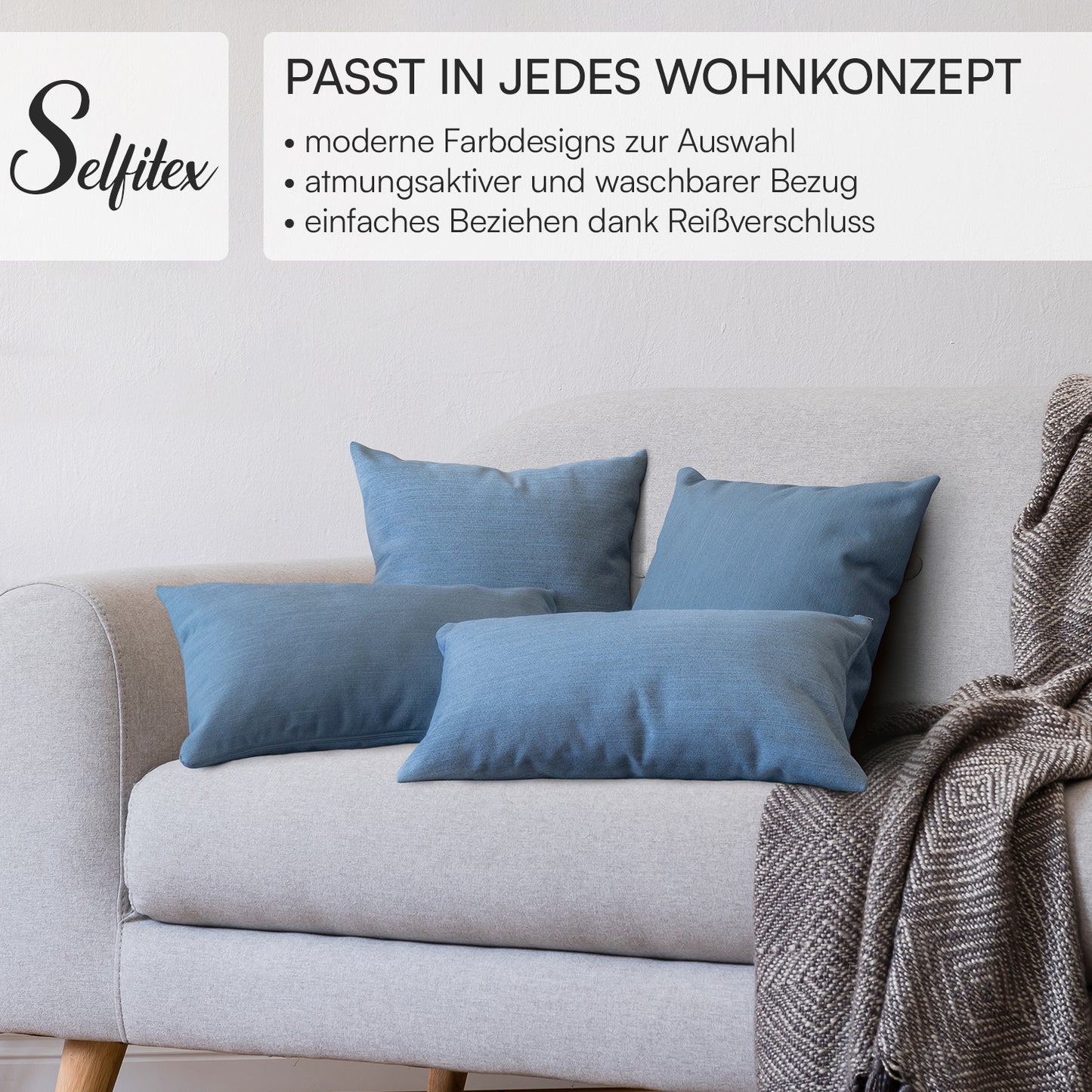 4er Set Sofakissen, 40 x 40 cm und 30 x 50 cm, Polsterstoff mit Pastelltönen inkl. Füllkissen (Blau)