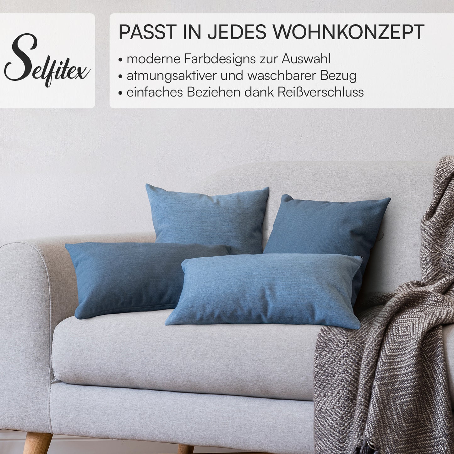 4er Set Sofakissen, 40 x 40 cm und 30 x 50 cm, Polsterstoff mit Pastelltönen inkl. Füllkissen (Blau/Anthrazit)