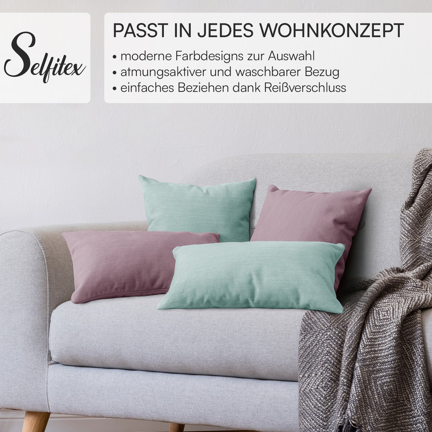 4er Set Sofakissen, 40 x 40 cm und 30 x 50 cm, Polsterstoff mit Pastelltönen inkl. Füllkissen (Türkis/Rosé)