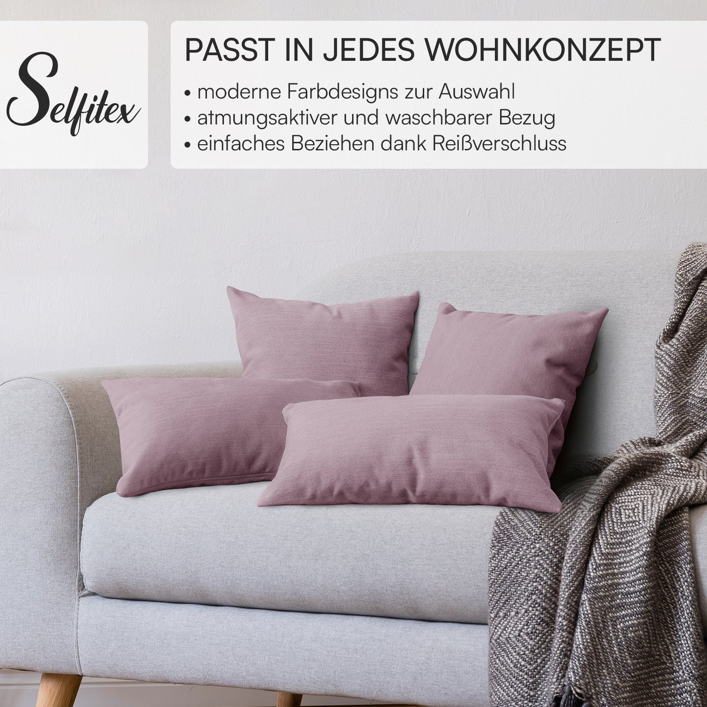 4er Set Sofakissen, 40 x 40 cm und 30 x 50 cm, Polsterstoff mit Pastelltönen inkl. Füllkissen (Rosè)