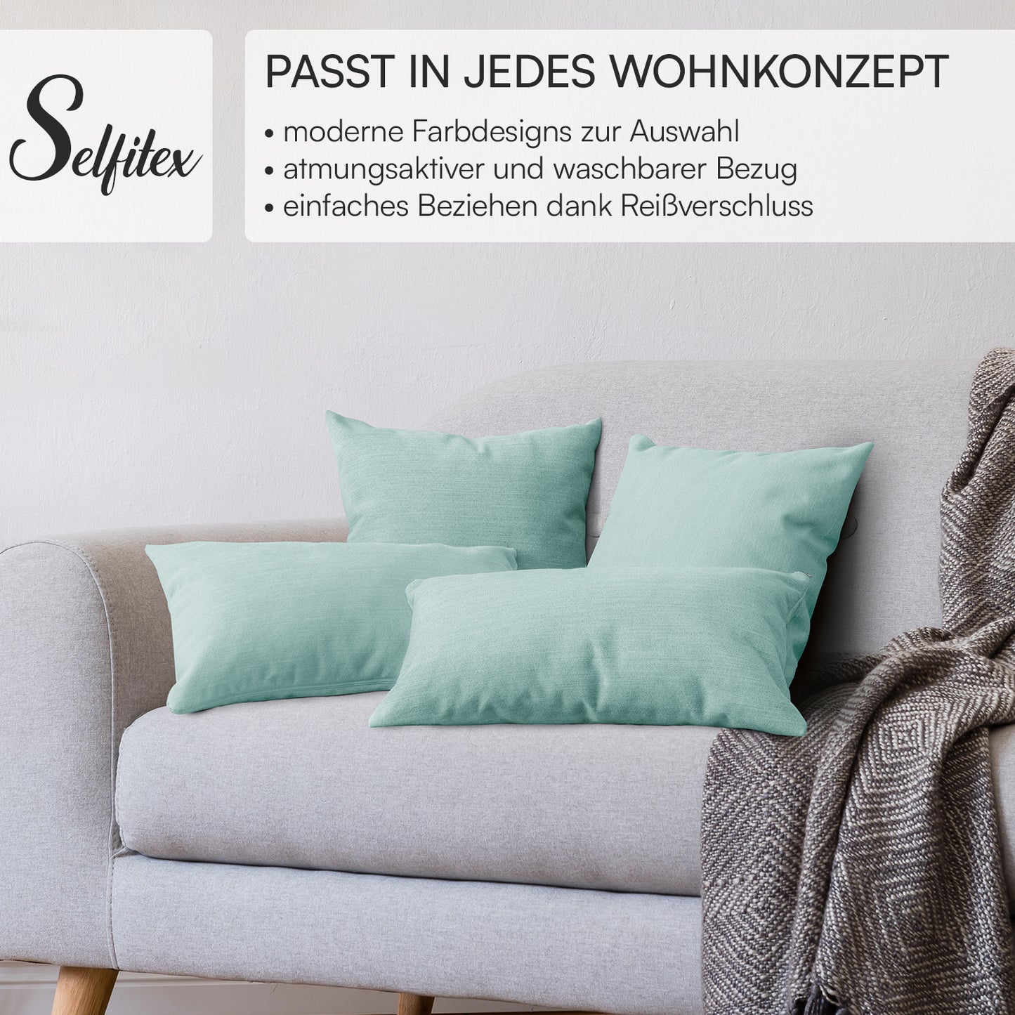 4er Set Sofakissen, 40 x 40 cm und 30 x 50 cm, Polsterstoff mit Pastelltönen inkl. Füllkissen (Türkis)